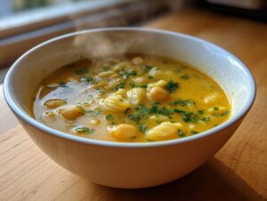 A close-up of a steaming white bowl filled with bright yellow lemon chickpea soup, featuring chickpeas and small pasta shells, garnished with fresh parsley.
