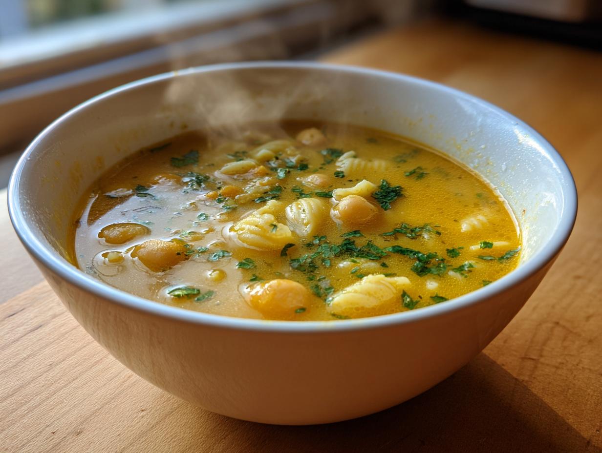 A close-up of a steaming white bowl filled with bright yellow lemon chickpea soup, featuring chickpeas and small pasta shells, garnished with fresh parsley.