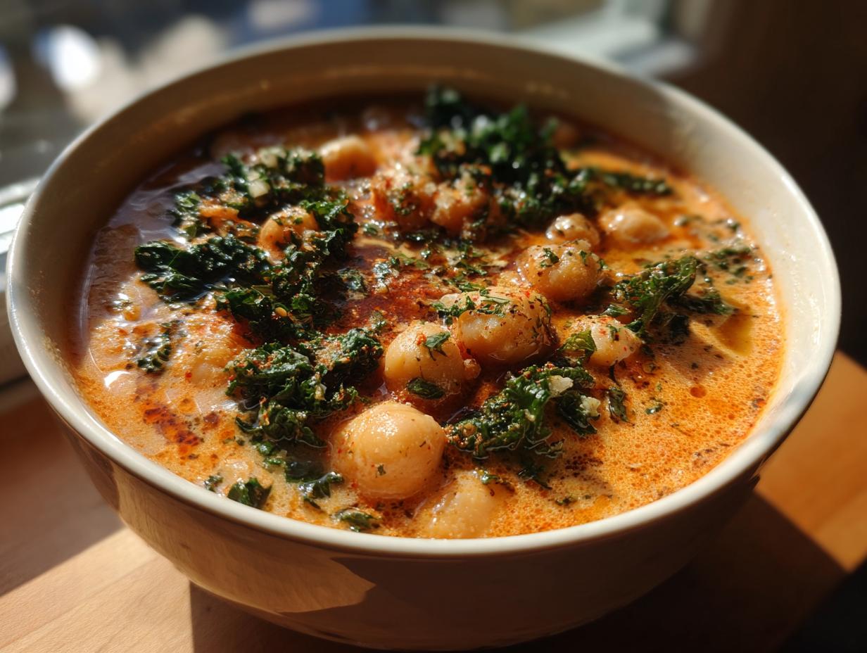 A close-up of a creamy, orange-hued Tuscan chickpea soup topped with kale and spices.