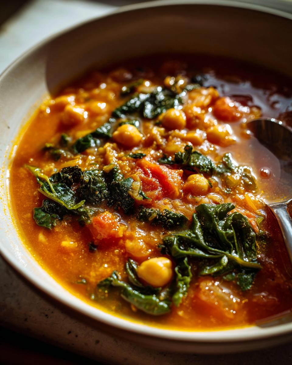 A close-up, warmly lit bowl of Tuscan chickpea soup featuring chickpeas, diced tomatoes, and dark green kale.