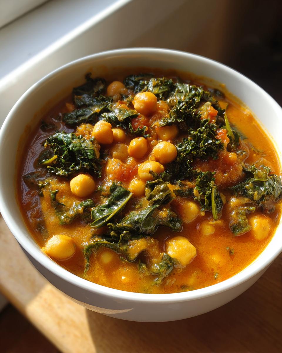 Close-up of a white bowl filled with rich, orange Tuscan chickpea soup featuring chickpeas and dark green kale.