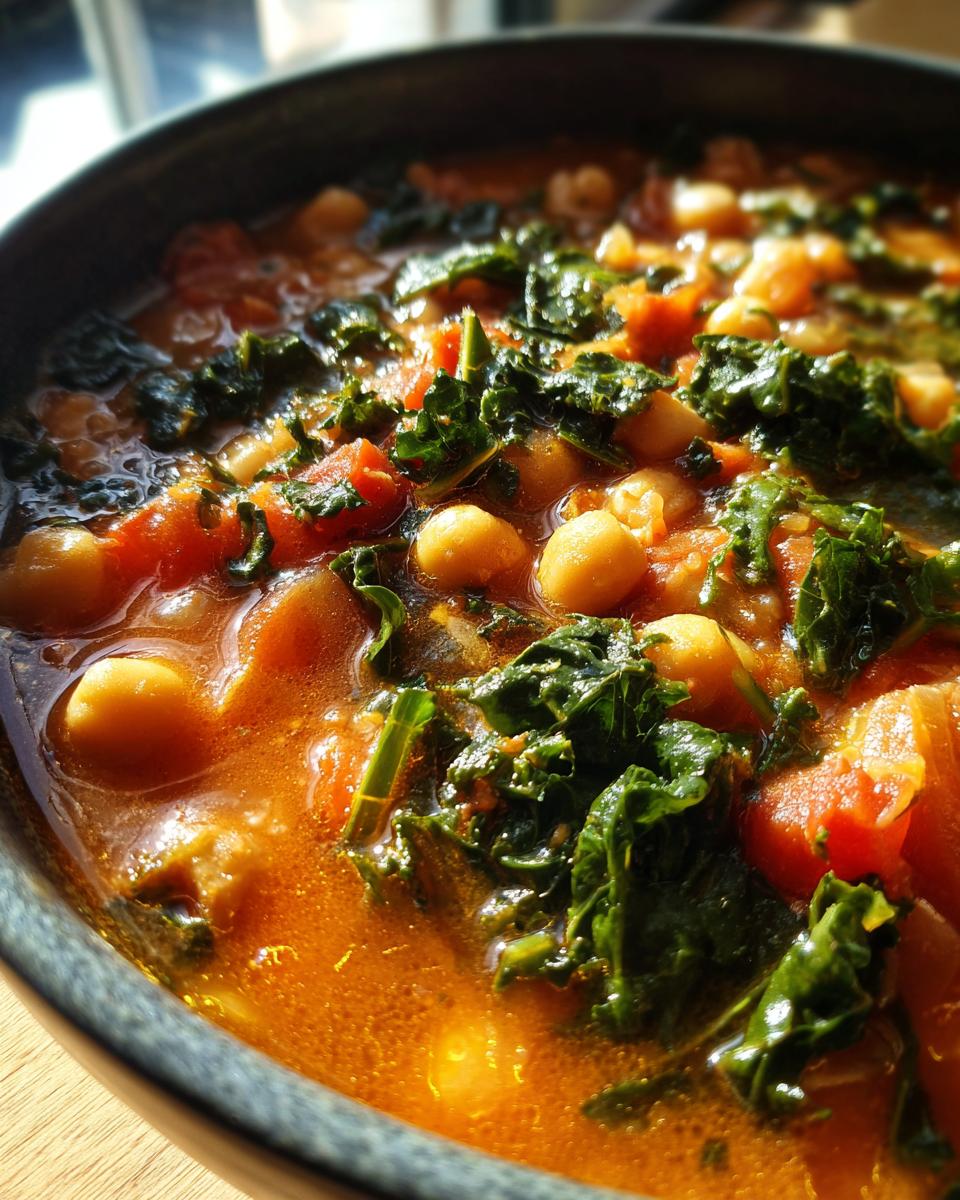 Close-up of a steaming bowl of Tuscan chickpea soup featuring chickpeas, diced tomatoes, and bright green kale.