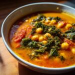 A close-up, appetizing view of rich, orange Tuscan chickpea soup featuring whole chickpeas and dark green kale.