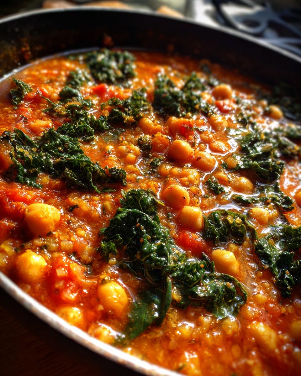 A close-up shot of hearty Tuscan chickpea soup simmering in a pot, featuring chickpeas and wilted kale in a rich tomato broth.