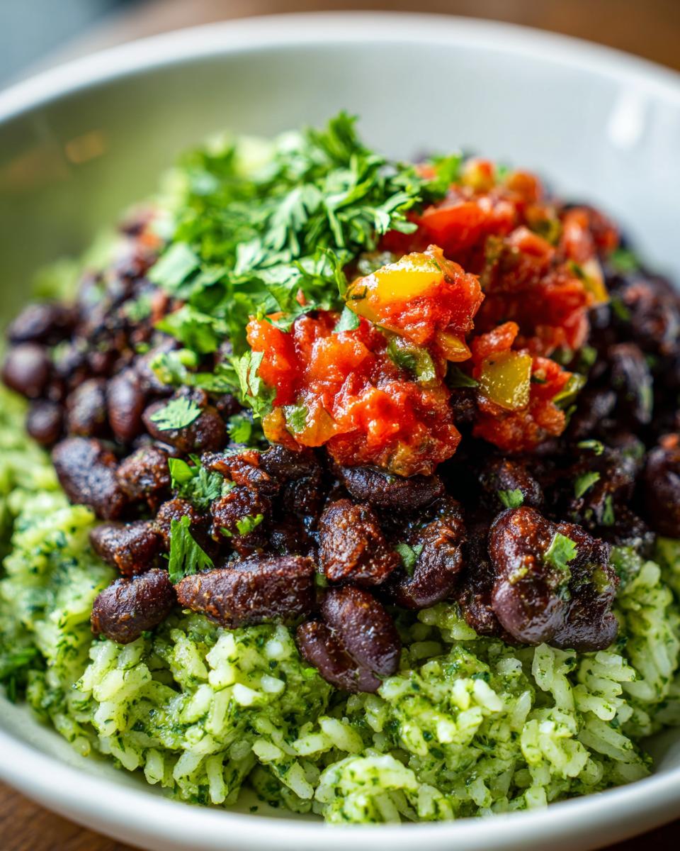 Close-up of a vibrant black bean and rice bowl featuring green cilantro rice, seasoned black beans, salsa, and fresh cilantro.
